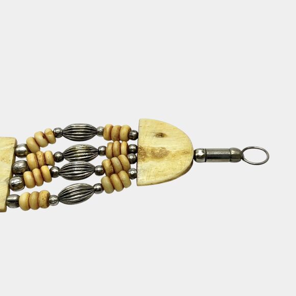 Vintage Carved Bracelet Flower Tile Beaded Handmade India Artisan Boho Hippie - Picture 9 of 11